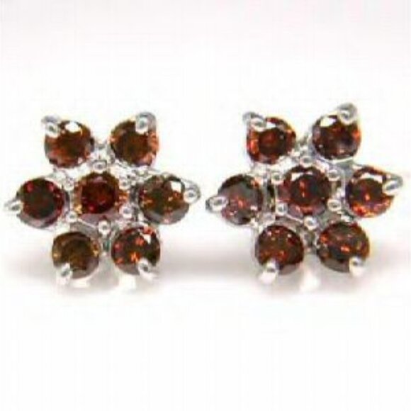 RARE! 14Kt White Gold Full-Carat Red Diamond Flower Earrings - Picture 1 of 3